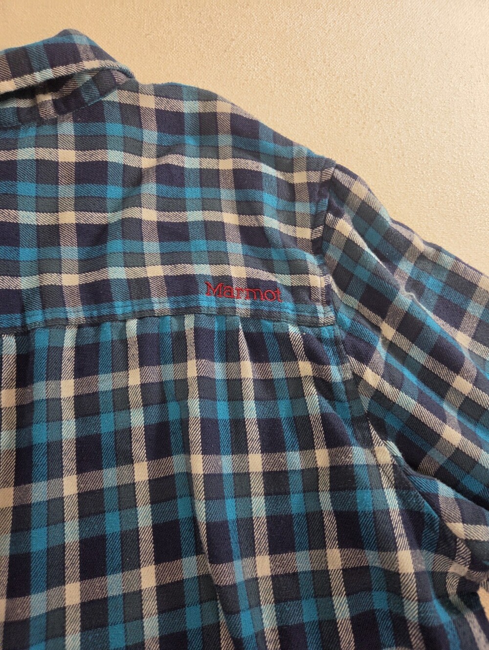Marmot Mens Flannel Shirt XL Blue Teal Plaid Midweight Cotton Gorpcore Hiking - Picture 9 of 9
